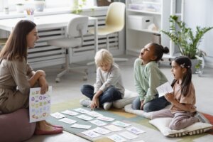 children and caregiver at daycare centre